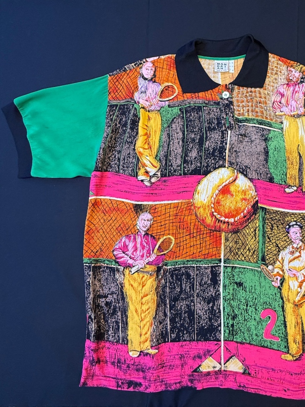 Vintage MONDRIAN Made in Italy colourful polo shirt and images of tennis players